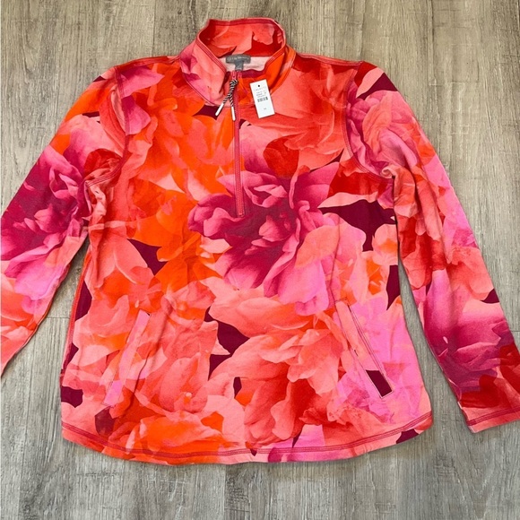 NWT Talbots Vibrant Floral Pink and Orange Quarter-Zip Pullover Medium - Picture 3 of 15